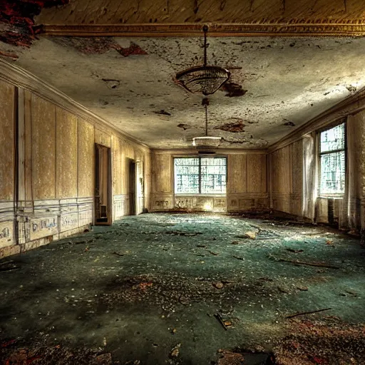 Prompt: old abandoned ballroom photograph color moody