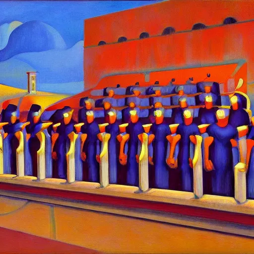 Image similar to robotic choir in an amphitheater, pj crook, grant wood, edward hopper, syd mead, chiaroscuro, oil on canvas