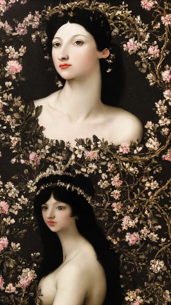 Image similar to a closeup portrait of a beautiful black haired woman with pale skin and a crown on her head sitted on an intricate metal throne, in an infinite landscape of flowers, photograph by caravaggio, canon eos c 3 0 0, ƒ 1. 8, 3 5 mm, 8 k, medium - format print