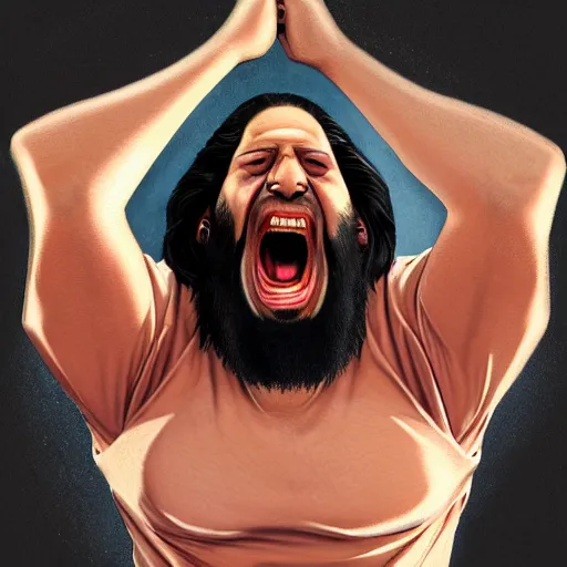 Image similar to richard stallman screaming, angry, waving fists, furious, photograph, photorealistic, detailed, 8k HDR, trending on artstation,