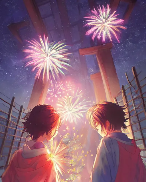 Image similar to beautiful anime painting of a boy and a girl from behind at a shinto shrine looking up at the night sky illuminated by colorful new years fireworks, by WLOP and Slawek Fedorczuk and rossdraws, trending on artstation, concept art