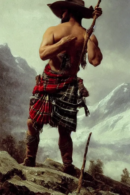 Prompt: a portrait by greg rutkowski and albert bierstadt of a handsome shirtless desi hiker on a mountain peak. he is wearing a tartan kilt, cowboy hat, and leather boots. he is holding a wood staff. background is snowy mountains, snowflakes, sparks, and clouds. homoerotic, highly detailed, detailed face, dramatic, ethereal, dreamlike. trending on artstation