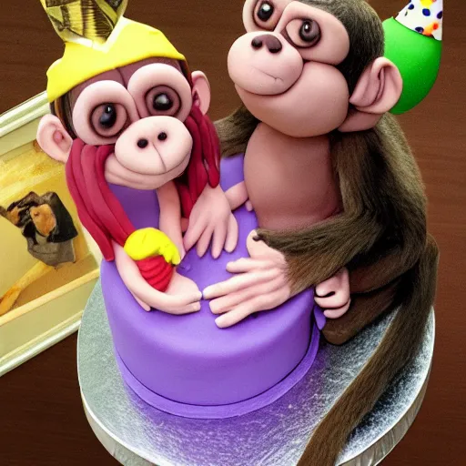 Image similar to an older monkey hugging his younger sister, birthday, cake, hyper realistic