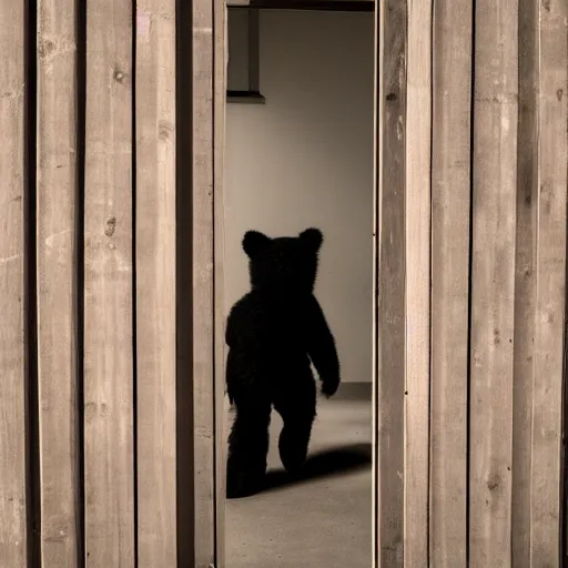 Image similar to dark photograph of a small bear mascot walking through a large wooden doorway