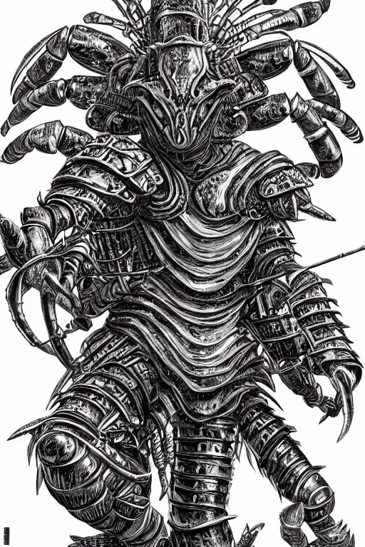 Prompt: human warrior, lobster themed armour, crab pinchers, symmetrical, highly detailed, digital art, needles, sharp focus, trending on art station, kentaro miura manga art style