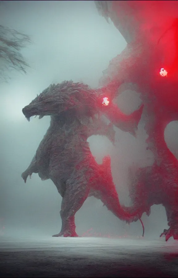 Image similar to very low - resolution found footage of a kaiju monster, fog, foggy, video compression, red hue, thriller, underdeveloped, flare, epic, dramatic