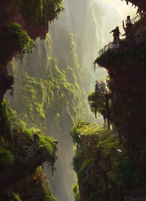 Image similar to medieval city built on terraces in a gigantic canyon, lots of buildings connected by hanging bridges, waterfalls, glow coming from amber veins in the ground, lush vegetation, pitchblack sky, extremly detailed digital painting, in the style andreas rocha and greg rutkowski, rim light, beautiful lighting, 8 k, stunning scene, octane, trending on artstation