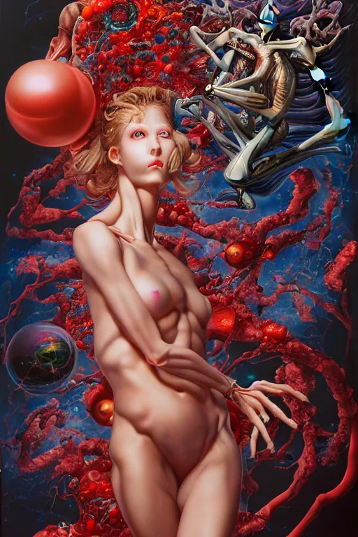 Prompt: a tall, fleshy anatomical figure with extra limbs, !!!wide eyes!!! hovering in the air, zero gravity, aliens around, rich colours, Ayami Kojima, mark brooks, hauntingly surreal, highly detailed painting by Katsuhiro Otomo, part by Adrian Ghenie, part by Gerhard Richter, Soft light 4K