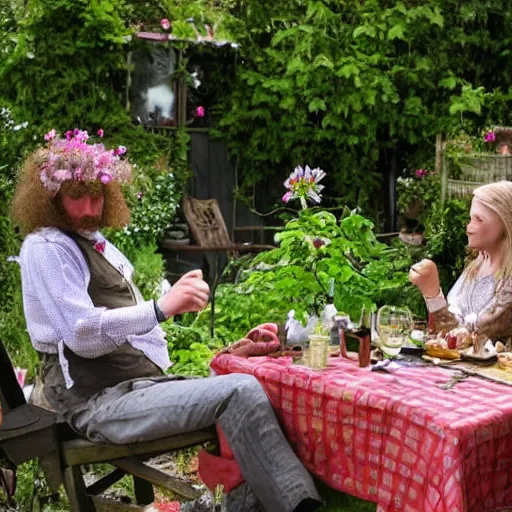 Prompt: man and woman sitting at table in garden. on the table there is beer and wine. the sun shines. folk horror style art. detailed. clematis. arbour