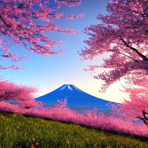 Image similar to a cinematic shot of mount fuji and cherry blossom trees and it's leaves falling on a breezy sunset, 4 k, unreal engine 6,