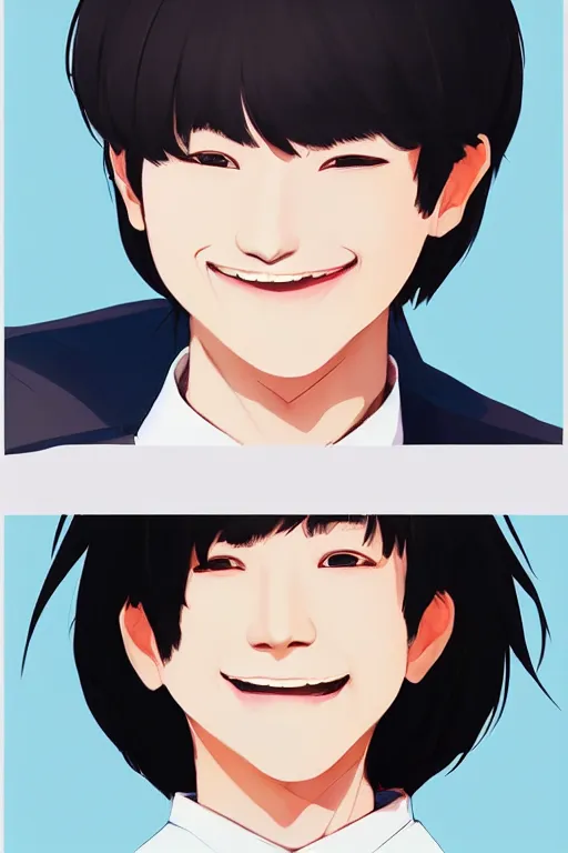 Prompt: a headshot of a very happy yoongi gummy smile - short black hair wearing male school uniform, sharp focus, illustration, morandi color scheme, art station, high detailed, by ilya kuvshinov