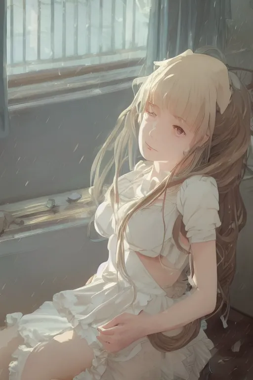 Image similar to a girl in a maid's outfit in the bedroom a night, raining outside the window, wavy white long hair, by krenz cushart and mucha and akihito yoshida and greg rutkowski and makoto shinkai and rei _ 1 7, detailed eyes, 4 k resolution