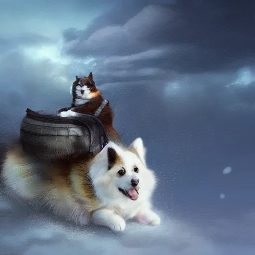 Prompt: fluffy cat riding on top of a corgi, realistic, portrait, intricate, detailed, volumetric lighting, scenery, digital painting, highly detailed, artstation, sharp focus, illustration, concept art, ruan jia, steve mccurry