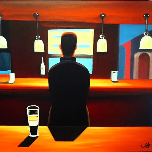 Image similar to a man sitting in a bar about to make a fundamental decision for his life, he is uncertain, but he knows he would rather have remorse than regret, acrylic painting