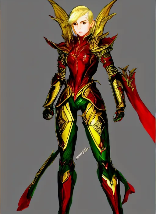 Image similar to Full body portrait of a beautiful young blonde short haired elven princess wearing red, green and gold armour robe. In style of Yoji Shinkawa and Hyung-tae Kim, trending on ArtStation, dark fantasy, great composition, concept art, highly detailed.