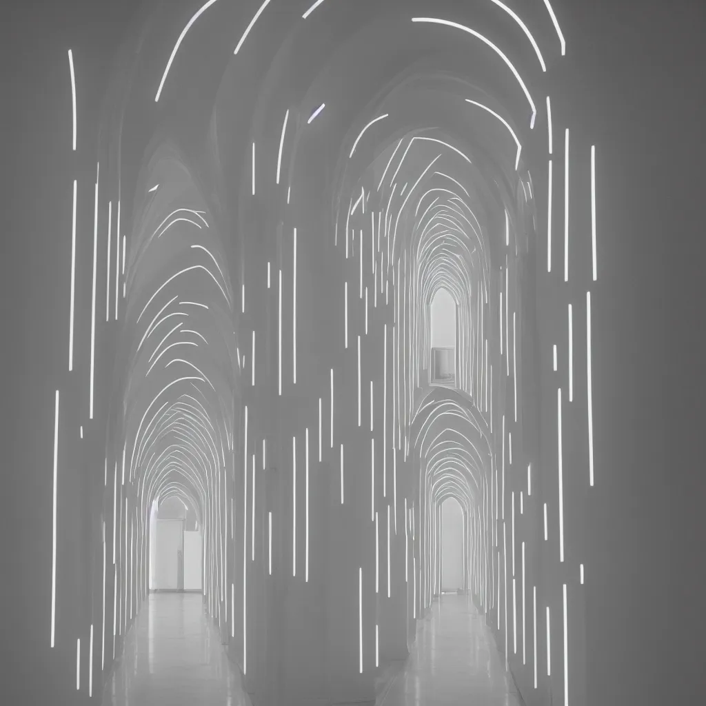 Image similar to hallway with arches lit by soft neon, dan flavin, dezeen, 50mm, pentax, film