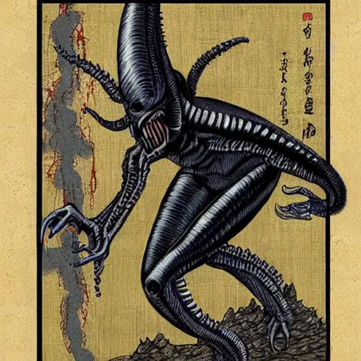 Image similar to xenomorph alien in the edo period. realistic.