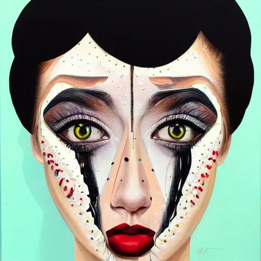 Prompt: a painting of a woman's face with many different things on her face, a surrealist painting by Sandra Chevrier, behance contest winner, pop surrealism, surrealist, detailed painting, poster art