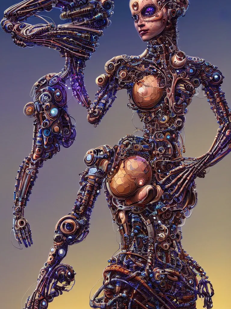 Image similar to full lenght shot woman in biomechanical dress, wearing epic bionic cyborg implants of different colors, detailed intricate ornate cables, by dan mumford and naoto hattori, masterpiece, intricate, elegant futuristic wardrobe, highly detailed, artstation, concept art, background galaxy, cyberpunk colors, art by artgerm and james jean and nick sullo