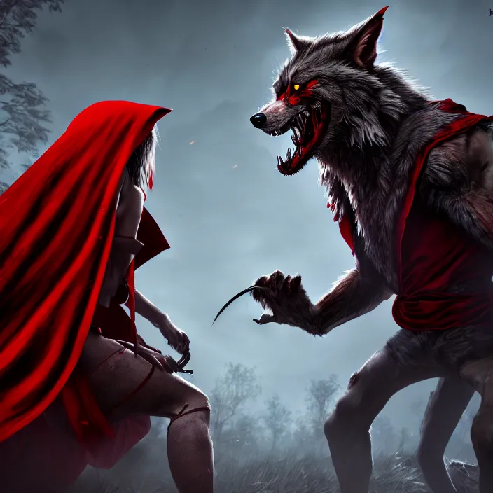 Image similar to beautiful red riding hood warrior confronting a werewolf ,highly detailed, 8k, HDR, award-winning, trending on artstation, octane render