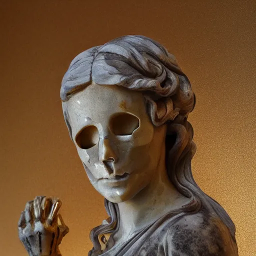 Image similar to full shot of a half gold half marble statue of a beautiful woman and a skull, renaissance