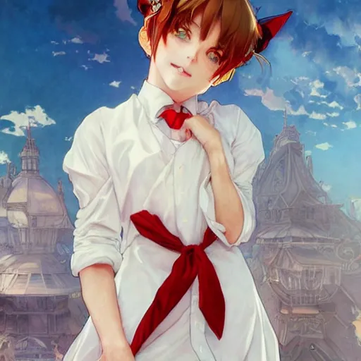 Image similar to beatiful woman wearing cat ears with big sack, and a little boy wearing white shirt and red tie, anime key visual, intricate, stunning, highly detailed, digital painting, artstation, smooth, hard focus, illustration,, art by artgerm and greg rutkowski and alphonse mucha