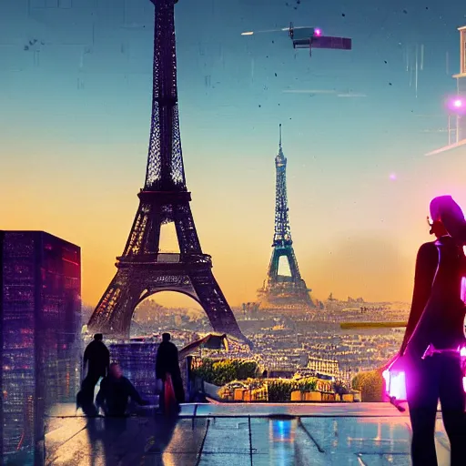 Image similar to cyberpunk 1 9 th century paris, eiffel tower on the background, glowing people, realistic image 4 k, digital art, trending on artstation