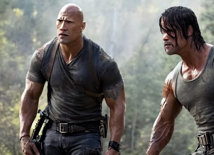 Image similar to film still of dwayne the rock johnson as daryl dixon in the new walking dead tv series, 4 k