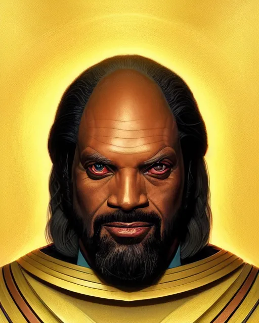 Prompt: symmetry portrait of worf, star trek tng, forest, intricate, elegant, highly detailed, digital painting, artstation, concept art, smooth, sharp focus, illustration, art by artgerm and greg rutkowski and fra angelico and alphons mucha