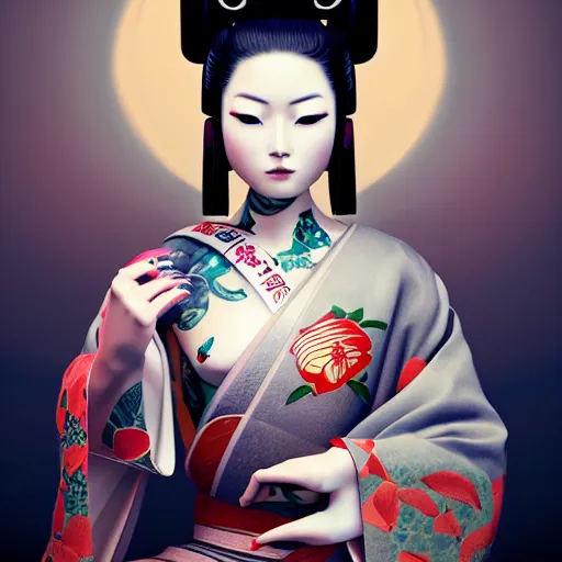 Image similar to an android geisha in a lotus position wearing a flowing kimono and tattoos, octane render, unreal engine, 8 k, cinematic, artwork by ilya kuvshinov