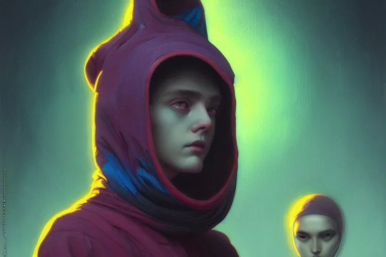 Prompt: patron saint of 👻, futuristic baggy streetwear, neon god of city character portrait, in the style of moebius, tom bagshaw, and waterhouse, cinematic lighting, beautiful, elegant, sharp focus, smooth details, intricate oil painting, smiling,