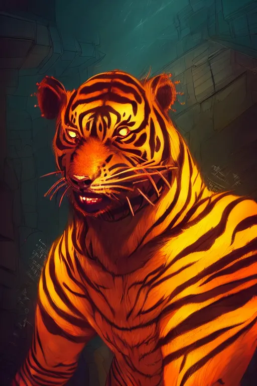 Image similar to an anthropomorphic cyberpunk tiger, backlighting, trending on artstation, digital art, furry art, trending on furaffinity, fantasy art, by kawacy