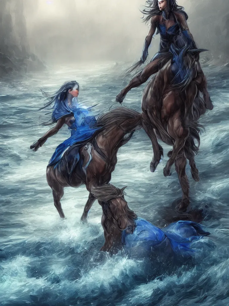 Prompt: a vintage photo of a sad maiden riding on the unicorn in the river, gloomy, strong subsurface scattering, cobalt blue, symmetrical, highly detailed, digital painting, artstation, painted by stjepan sejic, concept art, smooth, sharp focus, illustration, cinematic lighting, 8 k resolution