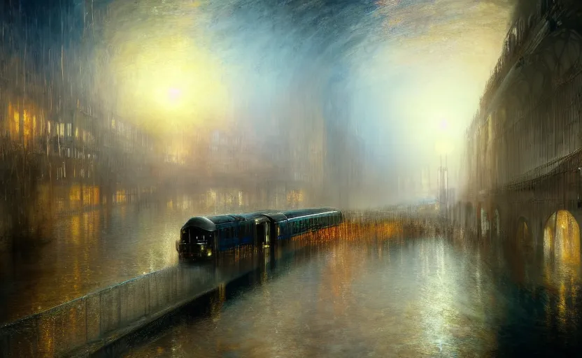 Image similar to an urban train rides inside of a waterway on a fantasy city. by artstation trending, by joseph mallord william turner, luis royo, konstantin razumov, cinematic lighting, fractal flame, highly detailed