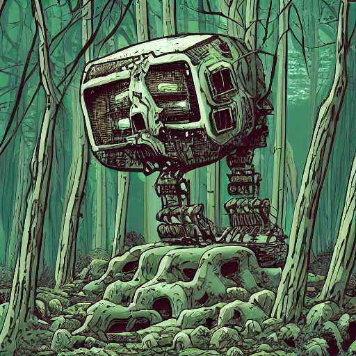 Image similar to in the style of ghostshrimp and deathburger and laurie greasley a giant decaying robot head in a forest that has been turned into a quaint house, highly detailed, 8k wallpaper