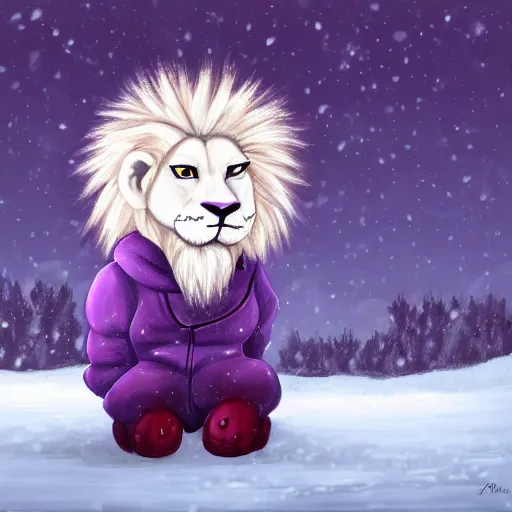 Prompt: a cute, well - drawn, professionally painted anthropomorphic purple albino lion wearing a cute cozy winter outfit, winter atmosphere, furry fandom, furaffinity, digital painting, digital art, detailed, high - resolution