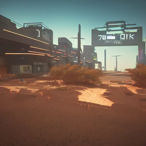 Image similar to octane render of a cyberpunkwild west, angular, beeple, earth tone color scheme, cgsociety