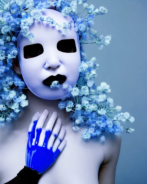 Prompt: symmetrical close - up portrait of a woman wearing a translucent silicone beauty mask and blue hair, wearing a black bodysuit by alexander mcqueen, standing in a room full of plastic translucent flowers, black background, soft diffused light, biotechnology, humanoide robot, bjork aesthetic, translucent, intricate details, highly detailed, masterpiece,