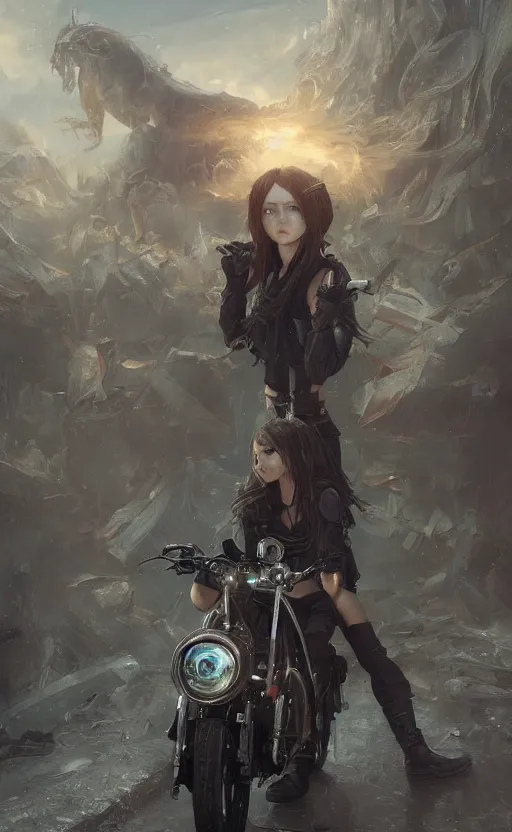 Image similar to a girl from final fantasy live action, dieselpunk motorcyclist, evocative, mystical night, very very very very detailed, award winning, masterpiece digital painting by greg rutkowski, alex grey, artstation, 4 k wallpaper