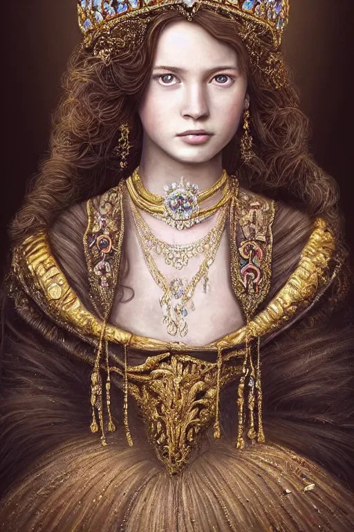 Image similar to beautiful very detailed portrait of a young princess with lots of jewelry in the face, full body, in the background there is a minimalistic palace, digital art , dramatic cinematic lighting rendered by octane, 8k, detailed, intricate, clean and textures, trending on artstation, treanding on deviantart, trending on cgsociety, pinterest, by Lauren Brevner + KEHINDE WILEY