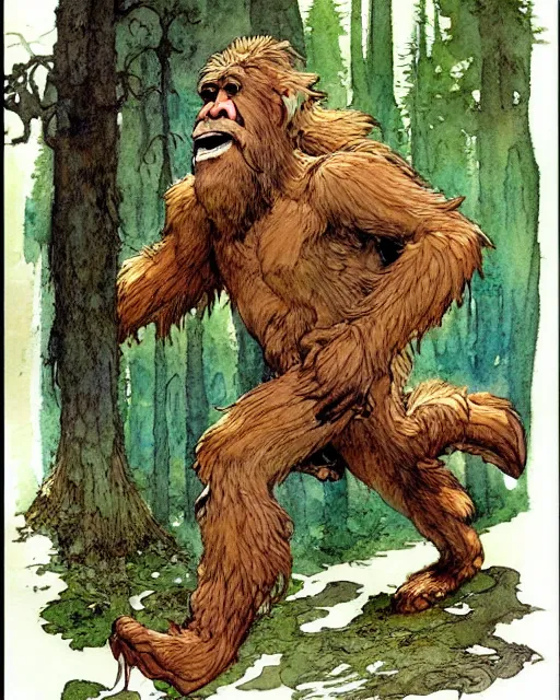 Prompt: a realistic and atmospheric watercolour fantasy character concept art portrait of a chibi bigfoot running through the forest. by rebecca guay, michael kaluta, charles vess and jean moebius giraud