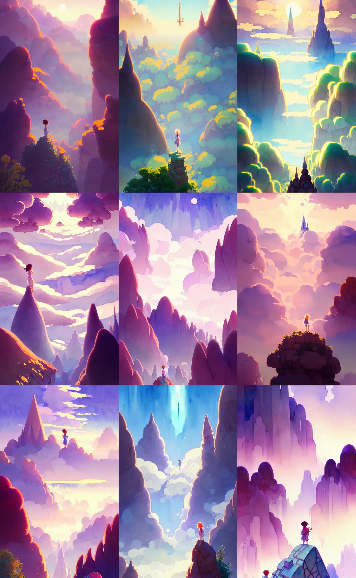 Prompt: a wholesome animation key shotthin spires of ancient masonry peaks rise above clouds, studio ghibli, pixar and disney animation, sharp, disney concept art watercolor illustration by mandy jurgens and alphonse mucha and alena aenami, pastel color palette, bloom, dramatic lighting