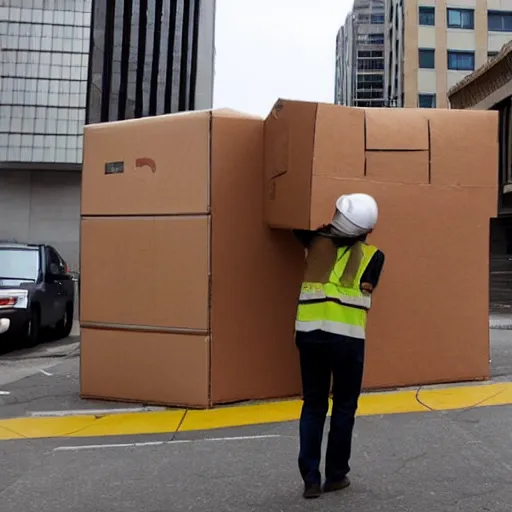 Prompt: a giant anthropomorphic cardboard box wreaking havoc on city, destroying buildings