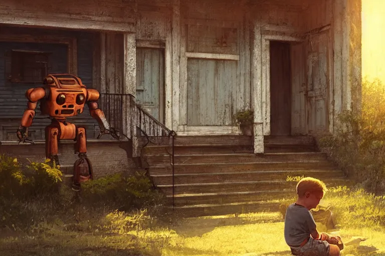 Prompt: close up of a big old rusty robot and a boy sitting on the porch of an old house, by artgerm, by greg rutkowski, octane render, hd, evening mood, dynamic lighting