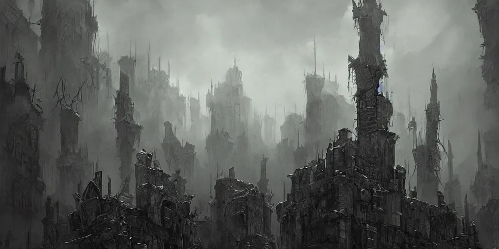 Prompt: grimdark fantasy fortress, trench crusade soldiers, terrifying architecture, looming, dark, fog, atmospheric cold lighting, dark souls, hyperrealistic, art by sparth