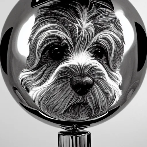 Image similar to self portrait of a havanese dog reflecting into a chrome sphere, pen on paper, by mc escher