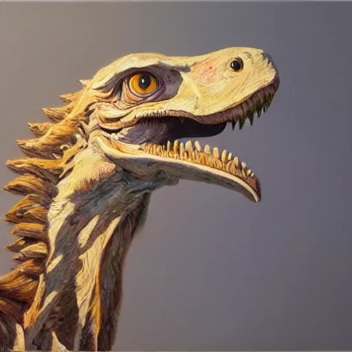 Image similar to oil painting of a velociraptor on canvas, by James gurney, realism, warm lighting, award winning, high detail, professional, volumetric lighting