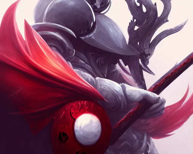 Image similar to photography of hollow knight, red bloody sword, deep focus, d & d, fantasy, intricate, elegant, highly detailed, digital painting, artstation, concept art, matte, sharp focus, illustration, hearthstone, art by artgerm and greg rutkowski and alphonse mucha