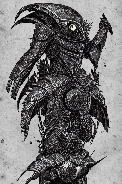 Image similar to armoured warrior crow monster, symmetrical, highly detailed, digital art, raven themed armour, sharp focus, trending on art station, kentaro miura manga art style