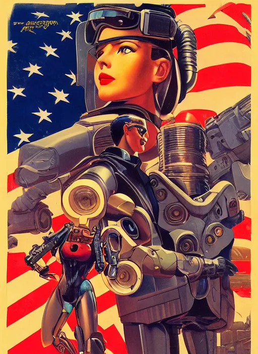 Image similar to american propaganda poster. cyberpunk pilot. portrait by jean giraud and anton otto fischer and john philip falter and will eisner and gil elvgren and pixar. realistic proportions. character art. science fiction d & d. overwatch, rb 6 s, cyberpunk 2 0 7 7, blade runner 2 0 4 9.